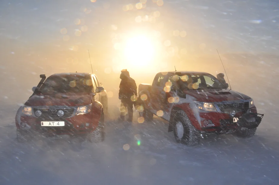 The trucks in a blizzard.