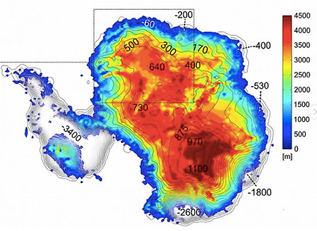 Reconstructed ice sheet thicknesses during the Pliocene era.